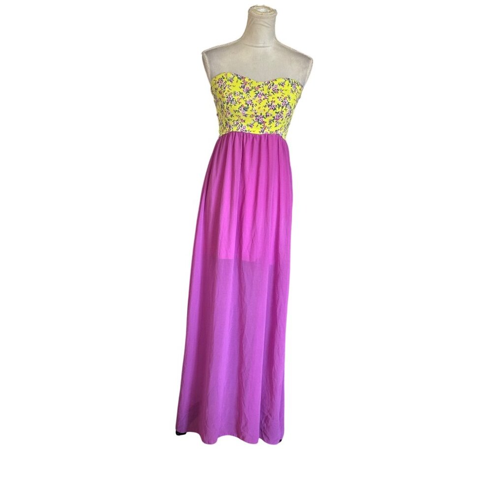 Womens Maxi Strapless Dress Floral Semi Sheer Yellow Purple Fairy Sz XS